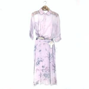 Jones NY Vintage 3pc Silk Set Lilac Sheer Top with Cami 12 Floral Midi Skirt 10P